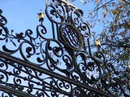 View of decoration at the top of the gates of Tanfield Hall November 2016